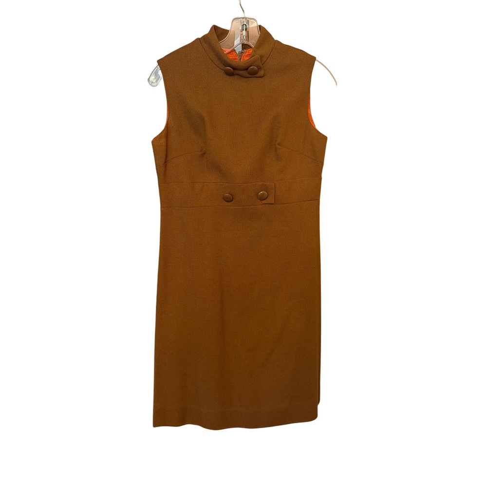 Vintage Dress Brown 60s Mod Mock Neck Sleeveless Shift Button Waist Tab 9